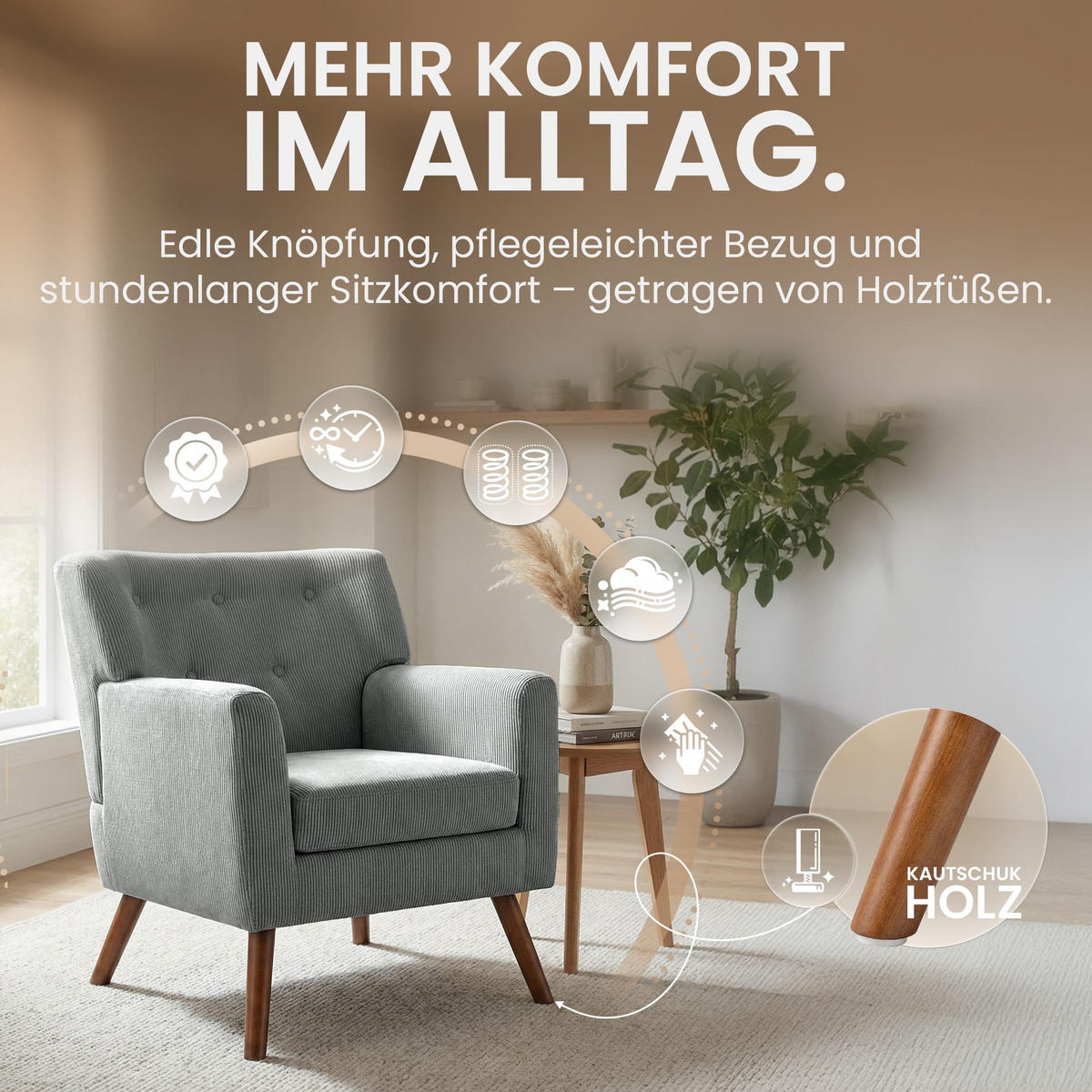 SESSEL Cord Grau - Braun/Grau, Holz/Textil (72/80/74cm) - CLP