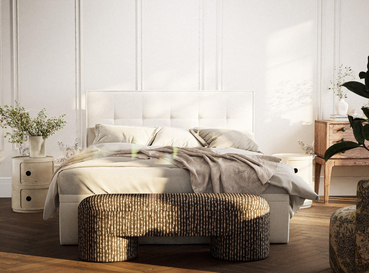 BOXBETT 200/200 cm Comfrey, in Hellbeige, Matratze, gepolstertes Kopfteil, Bettkasten, H3 = fest - Beige/Schwarz, Holz/Holzwerkstoff (200/200cm) - Maison de Reve