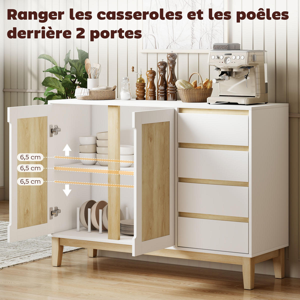 SIDEBOARD Weiß und Eichenfarben 120/40/86 cm - Weiß, Holzwerkstoff (120/86/40cm) - PANGIVO