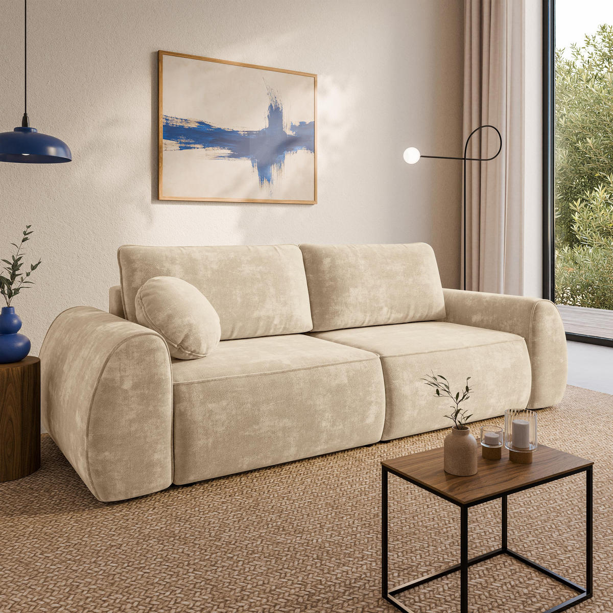 BETTSOFA ZEFEO Creme Chenille-Stoff mit Schlaffunktion - Creme, Textil (264/96/106cm) - MASSENO