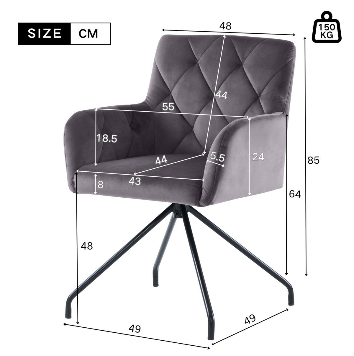 ESSZIMMERSTUHL 2er-Set Dunkelgrau aus Samt mit Armlehnen - Dunkelgrau, Metall (59.69/58.42/59.69cm) - OKMYHOME
