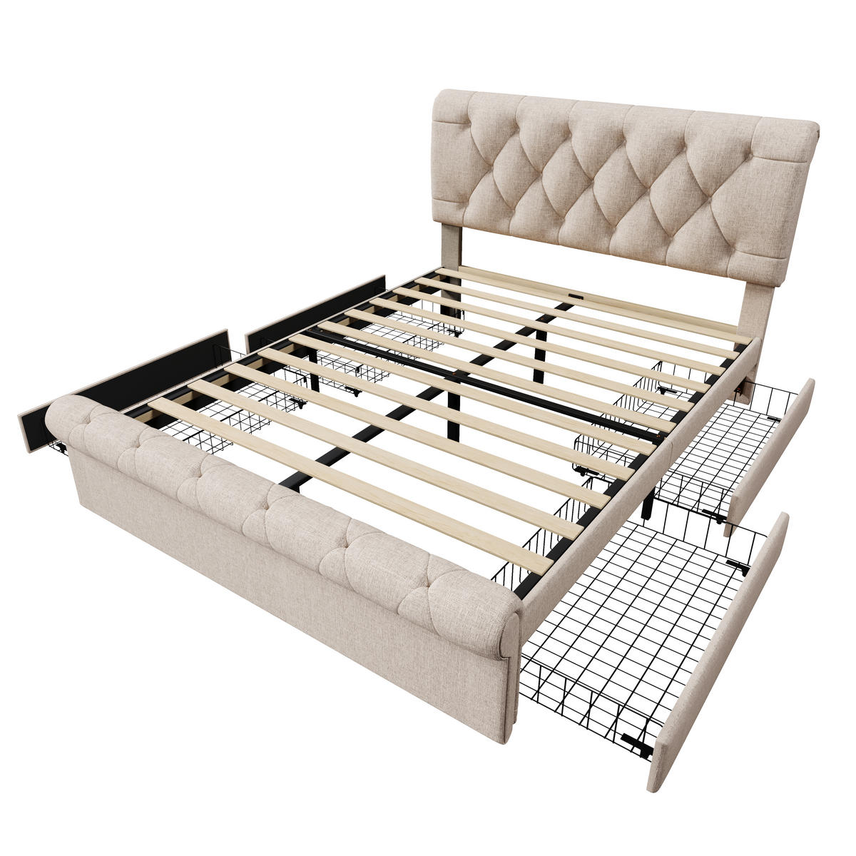 POLSTERBETT 140/200 cm Natur mit 4 Schubladen und höhenverstellbarem Kopfteil - Naturfarben, Metall (140/200cm) - OKWISH