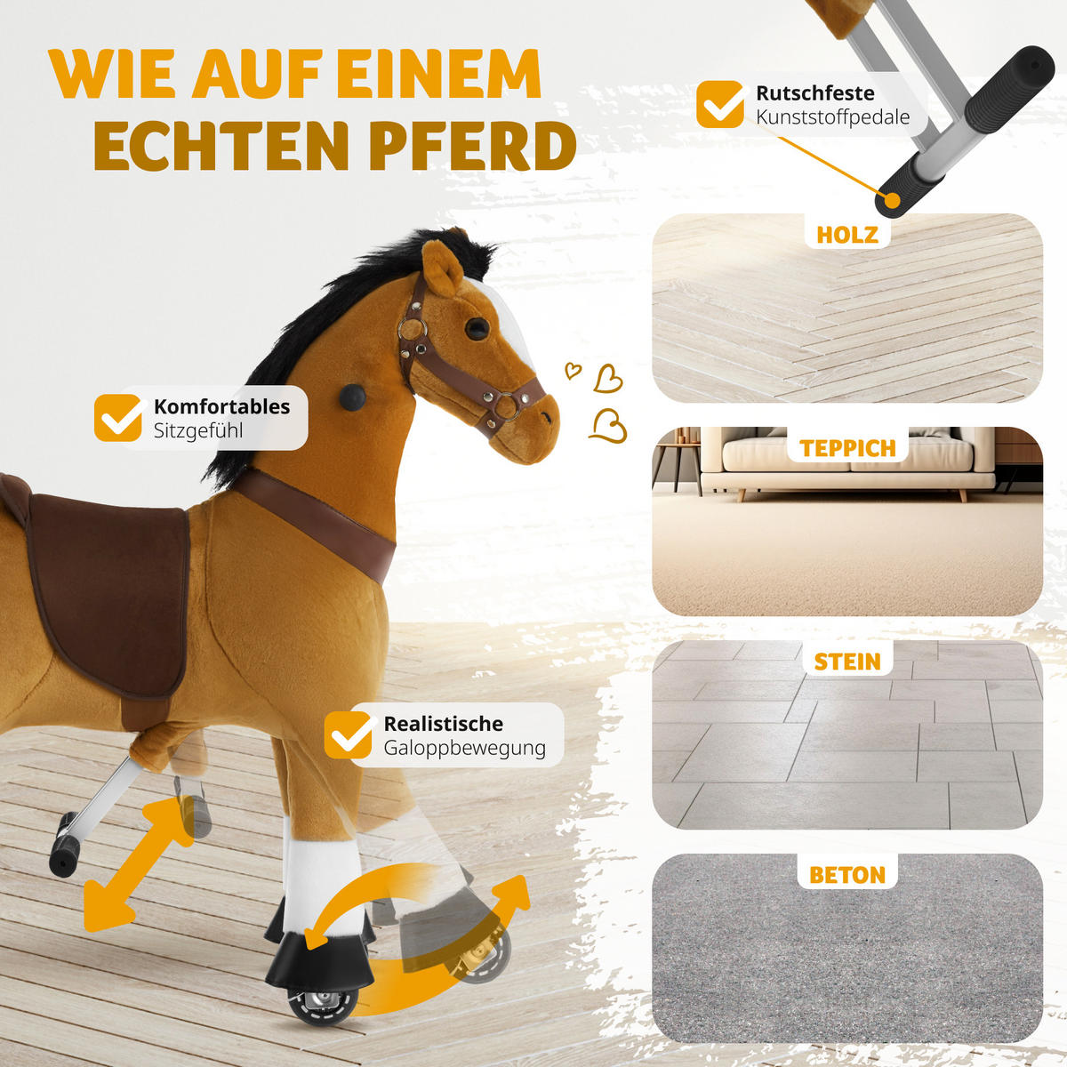 SCHAUKELPFERD AUF ROLLEN ,rutschfeste Gummigriffe und -pedale,hellbraun - Hellbraun, Kunststoff (76/29/85cm) - tectake