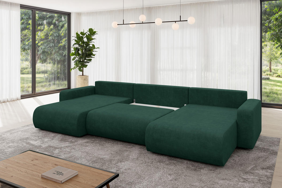 SEDACÍ SOUPRAVA DO U s funkcí spaní a úložným prostorem BERY-U 377x193x88 zelená velur - černá/zelená barva, kompozitní dřevo/textil (377/88/193cm) - ALTDECOR