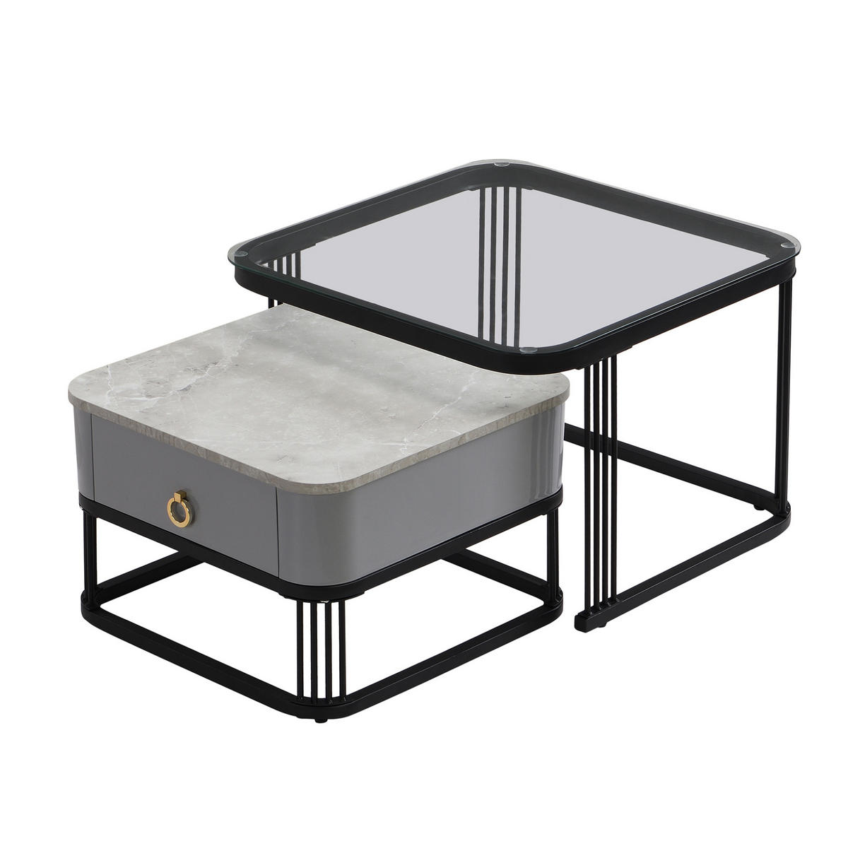 COUCHTISCH-SET aus MDF 60x60x44,5 cm Schwarz/Grau mit Glasplatte und 2 Schubladen - Schwarz, Holzwerkstoff (60/60/45cm) - IVMEU