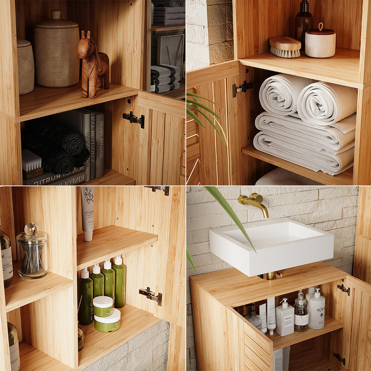 BADMÖBEL-SET Lucie Bambus 4 Teile, mit Midischrank und Hochschrank - Grün, Holzwerkstoff (60/65/36cm) - Vicco