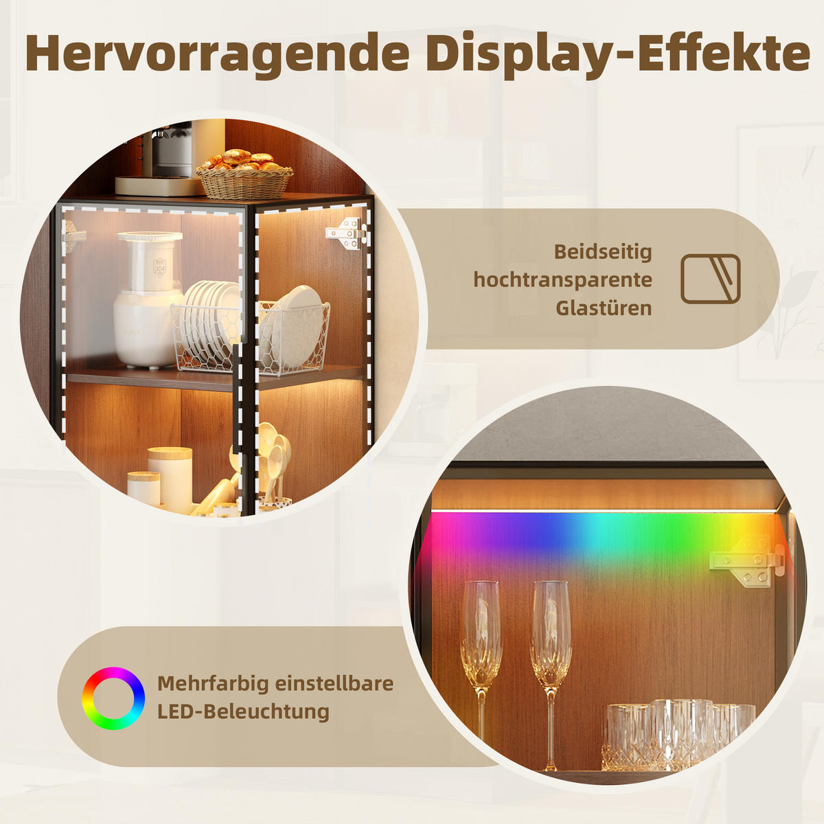 VITRINE 70cm Walnuss Glas LED Ausziehregal modern - Braun, Holzwerkstoff (70/160/38cm) - FLIEKS