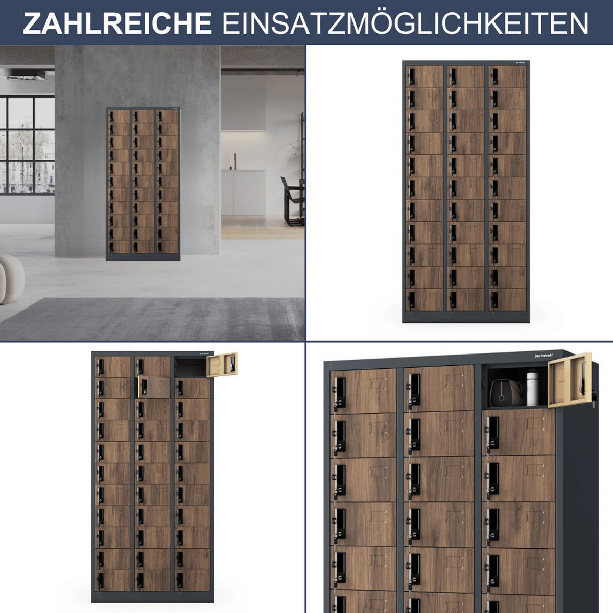 SCHLIESSFACHSCHRANK Spind PORTO 33 Fächer185x90x45cm Anthrazit-Nussbaum - Anthrazit, Metall (90/185/45cm) - DELUKE