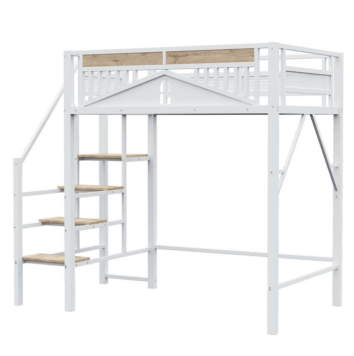 HOCHBETT 140/200 cm aus Metall und Holz mit Sicherheitsleiter, Weiß - Weiß, Metall (140/200cm) - OKMYHOME