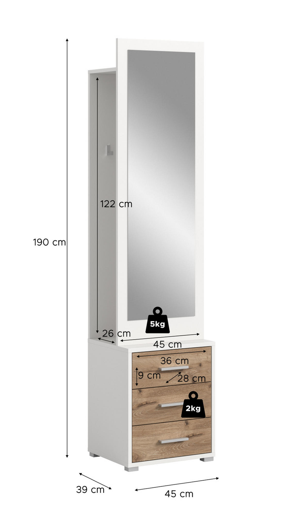 KOMPAKTGARDEROBE weiß, Eiche Nox, Garderobe mit Spiegel 45 x 190 cm - Eichefarben/Silberfarben, Glas/Holzwerkstoff (45/190/38cm) - Inn.Furn