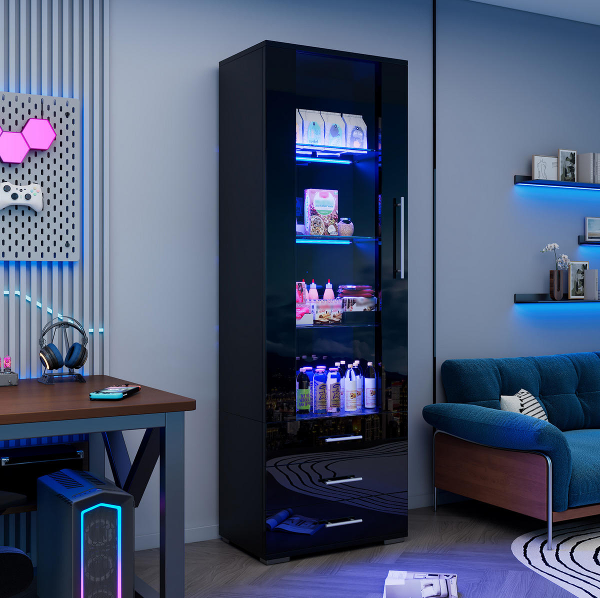 VITRINE 60/35/180 cm Schwarz aus MDF mit LED-Beleuchtung - Schwarz, Holzwerkstoff (35/180/60cm) - OKMYHOME