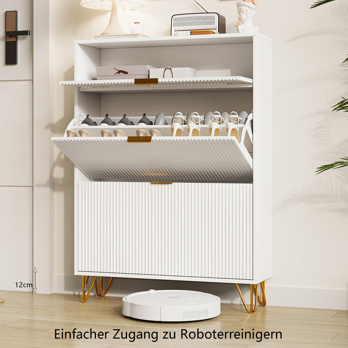 SCHUHSCHRANK mit 3 Türen und goldfarbenen Füßen, Flurschrank, 80 x 24 x 118 cm, weiß - Goldfarben/Weiß, Holzwerkstoff/Metall (24/118/80cm) - GENKI LIVING