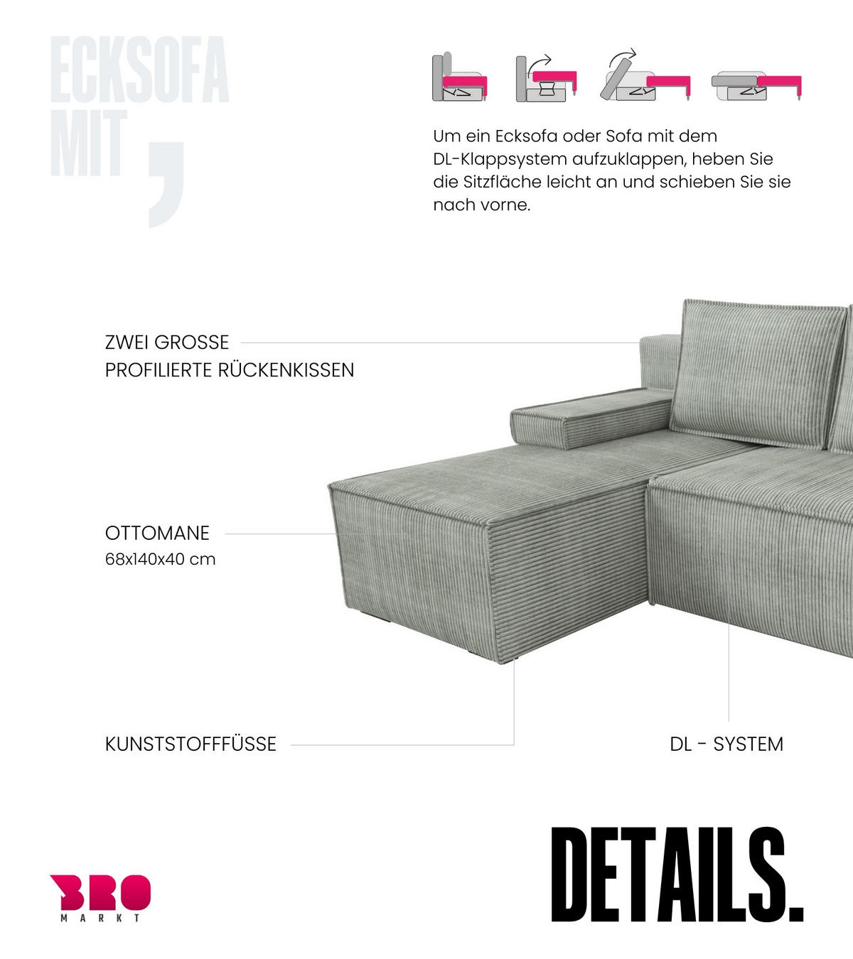 ECKSOFA Caspar mit Schlaffunktion Grau Cord - Hellgrau, Textil (200/141cm) - Bromarkt