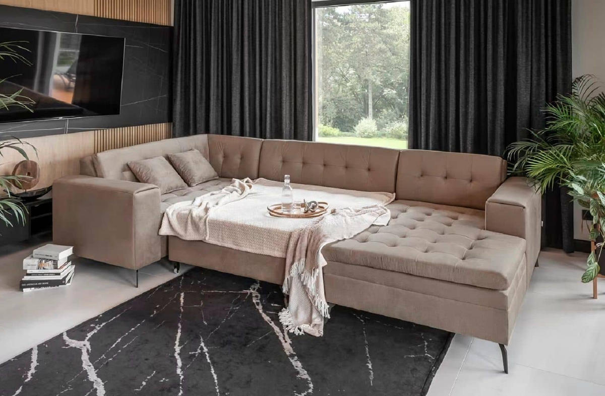 WOHNLANDSCHAFT mit Schlaffunktion, luxus Nube-Stoff - Beige/Schwarz, Textil/Metall (340/93/180cm) - Eltap