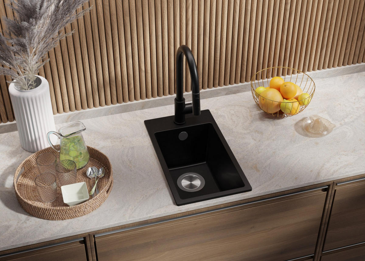 GRANITSPÜLE Riga, 2-er set Alles Schwarz 28/50 cm 1 Becken + Küchenarmatur 32/20 cm + Ablauf-Set ab 30er Unterschrank - Schwarz, Kunststoff (28/20/50cm) - Primagran