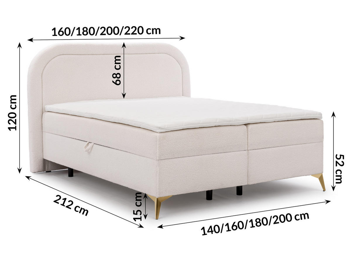 BOXBETT Sonna 140/200 cm Weiß Bouclé-Stoff mit abgerundetem Kopfteil und mit goldenen Metallfüßen - Goldfarben/Weiß, Holz/Textil (140/200cm) - S-Style Möbel