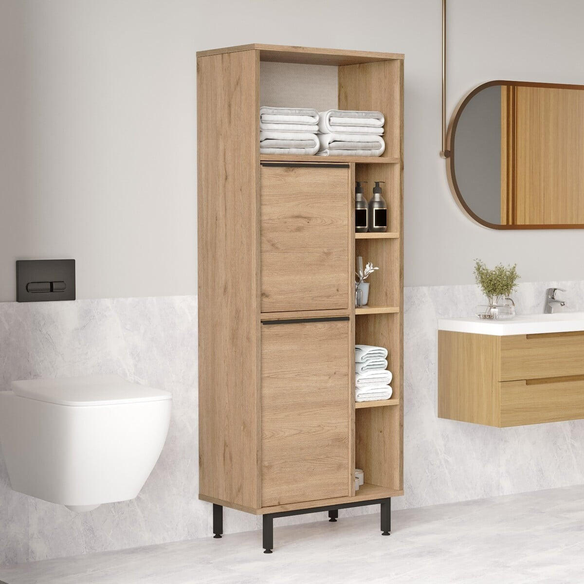 BADEZIMMERSCHRANK mit 2 türen und 5 fächern 35,5/161,6/60 cm - Eschefarben, Holzwerkstoff (60/161.6/35.5cm) - Calicosy