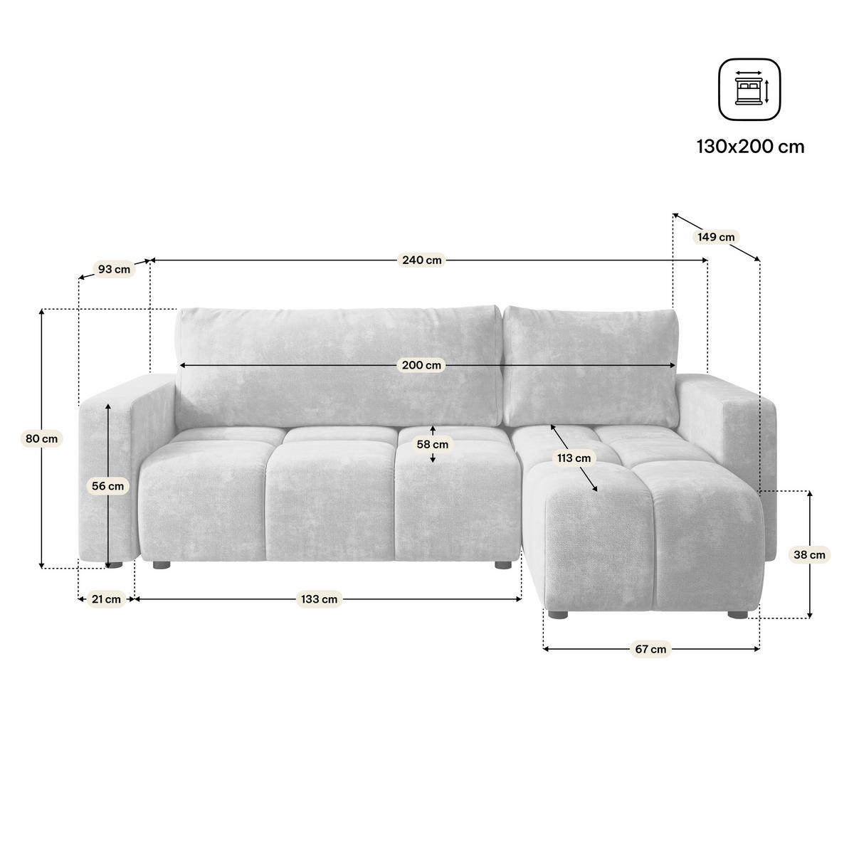 ECKSOFA RAMIL Schwarz Chenille mit Schlaffunktion - Schwarz, Holz (240/149cm) - MASSENO