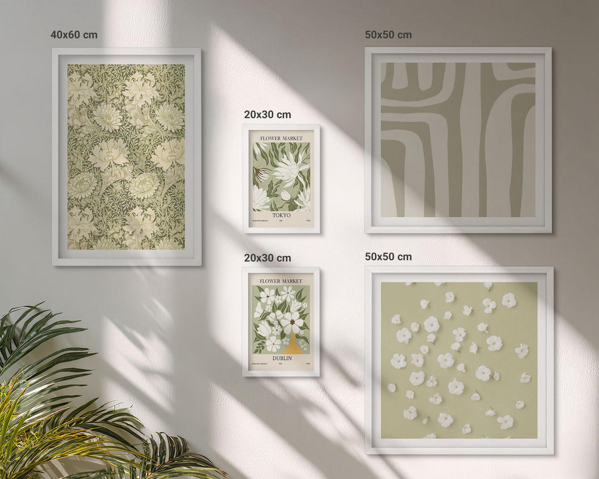 BILDER SET 5er Set - 50x50 cm & 20x30 cm & 40x60 cm Weißer Rahmen - Boho-Pflanzenkompositionen in Pastellfarben - Weiß, Kunststoff (40/60cm) - TULUP