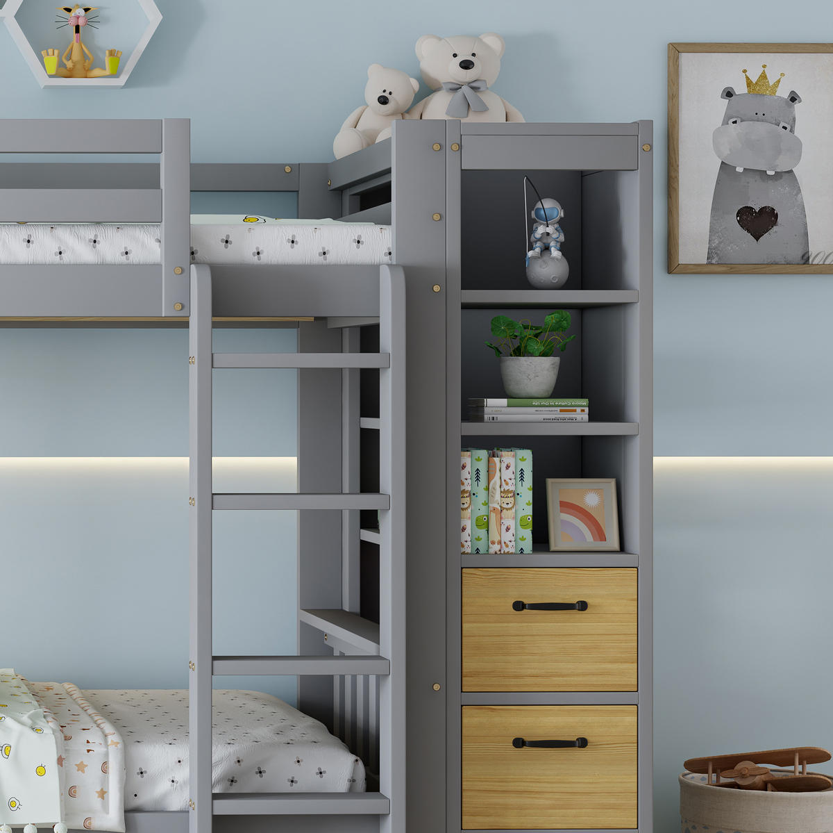 ETAGENBETT 90/200 cm Hellgrau mit Nachtkommode, Regal und Schubladen ohne Matratze - Hellgrau, Holz (90/200cm) - MIVRAY