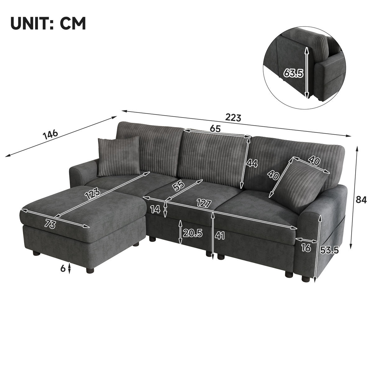 ECKSOFA 223/146/84 cm Schwarz mit 1 Fußhocker, 2 quadratischen Kissen, 1 USB-Anschluss und 1 Type-C-Anschluss - Schwarz, Textil (146/84/223cm) - Oxeza