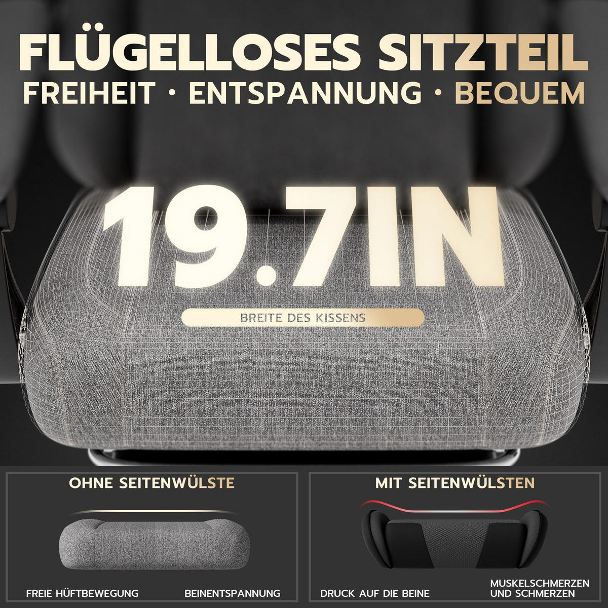 GAMING-STUHL ergonomischer, Bürostuhl mit Fußstütze & Lendenstütze - Hellgrau, Textil (65/114/65cm)