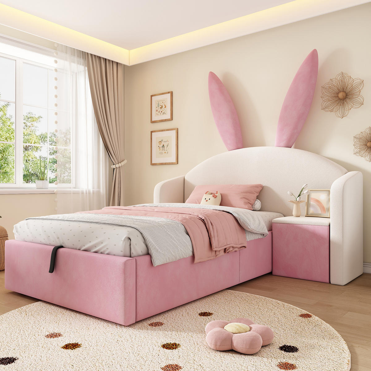 KINDERBETT mit Stauraum 90/200 cm mit hydraulischem Stauraum und Nachttisch, ohne Matratze - Pink, Textil (90/200cm) - MIVRAY