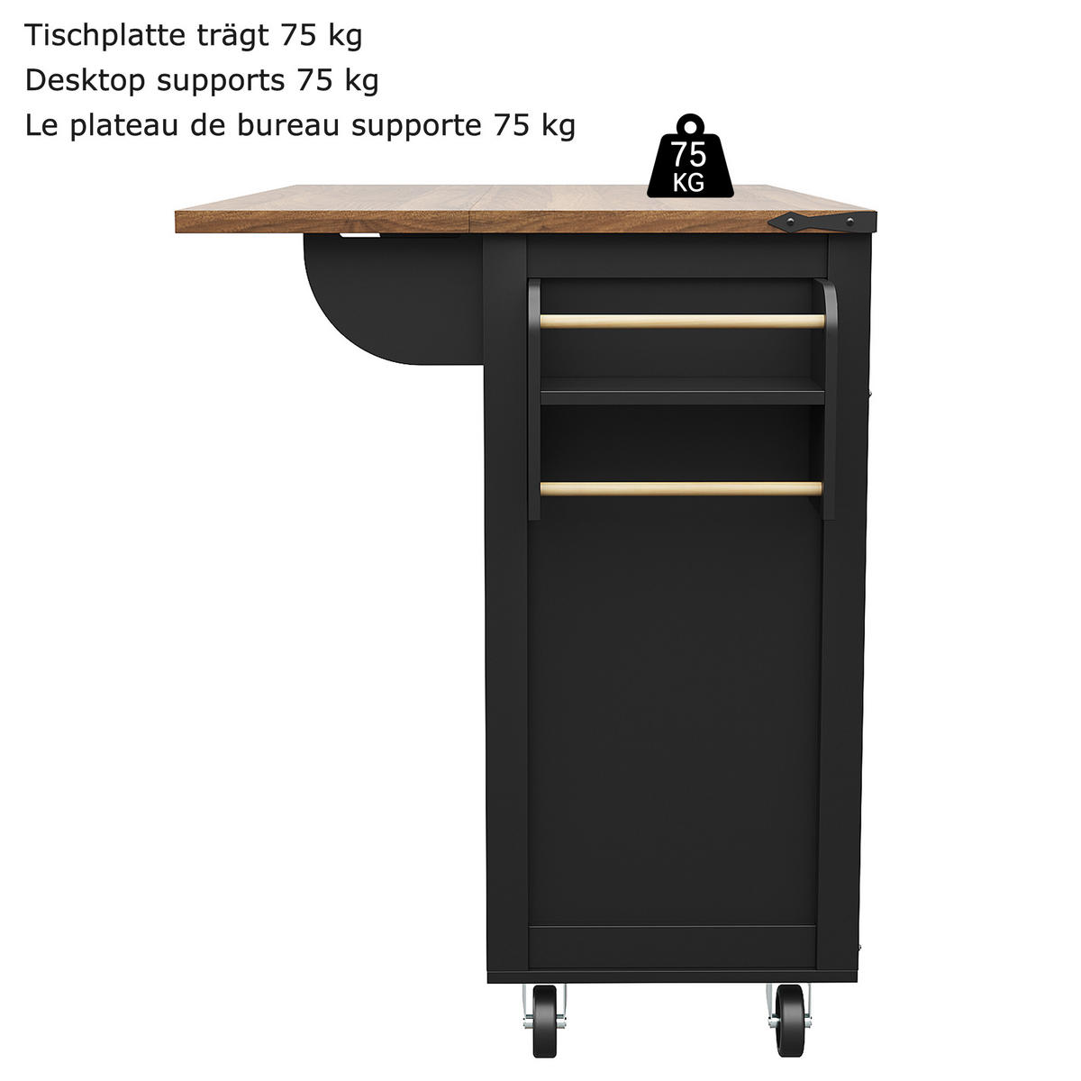 KÜCHENINSEL Servierwagen Ausziehbar Stauraum Schwarz - Schwarz, Holzwerkstoff (140/94/45cm) - FLIEKS