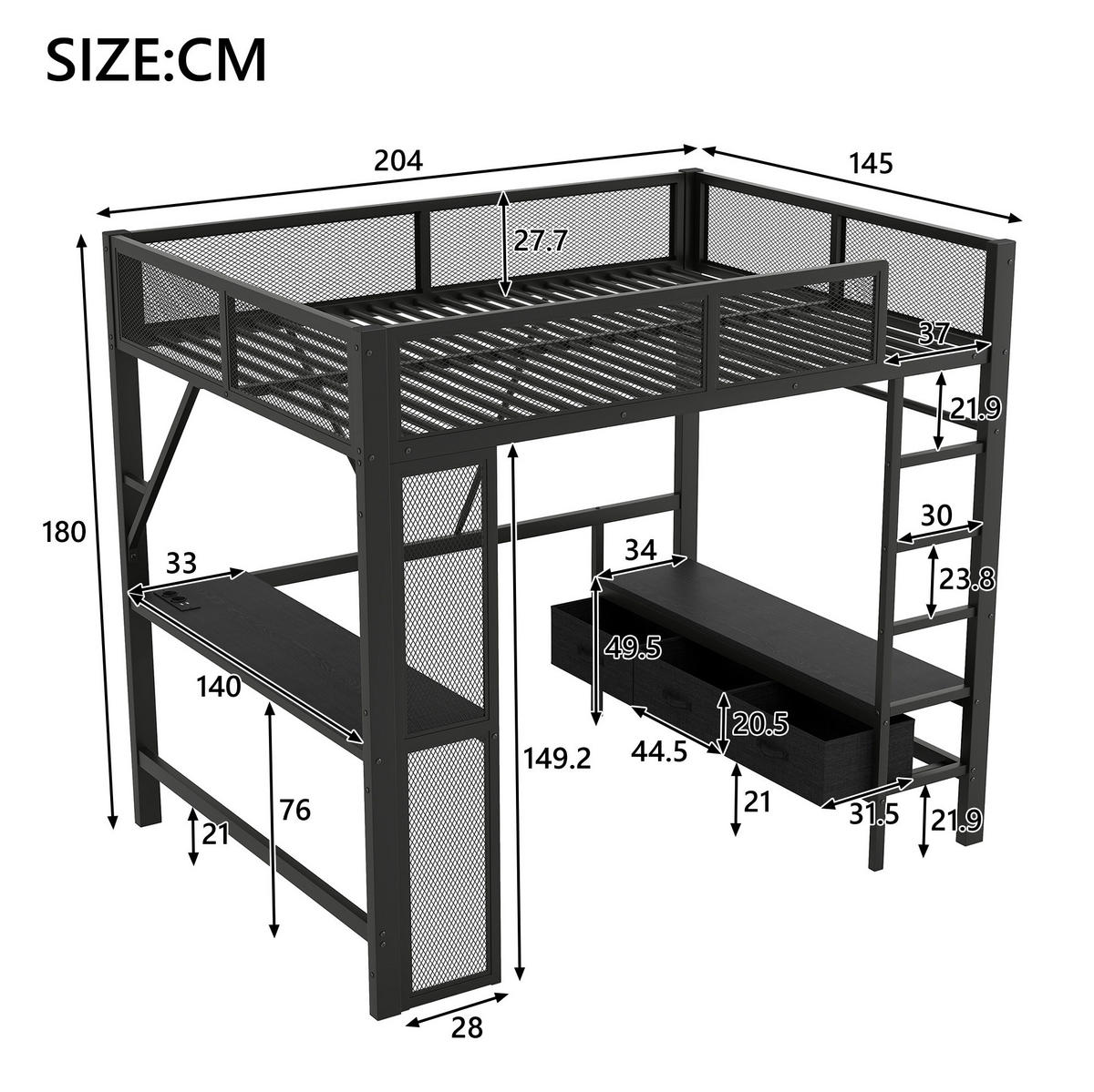 VYSOKÁ posteľ 140/200 cm čierna z MDF a kovu s LED, USB, písacím stolom a otvoreným šatníkom - čierna, kompozitné drevo (140/200cm) - OKWISH