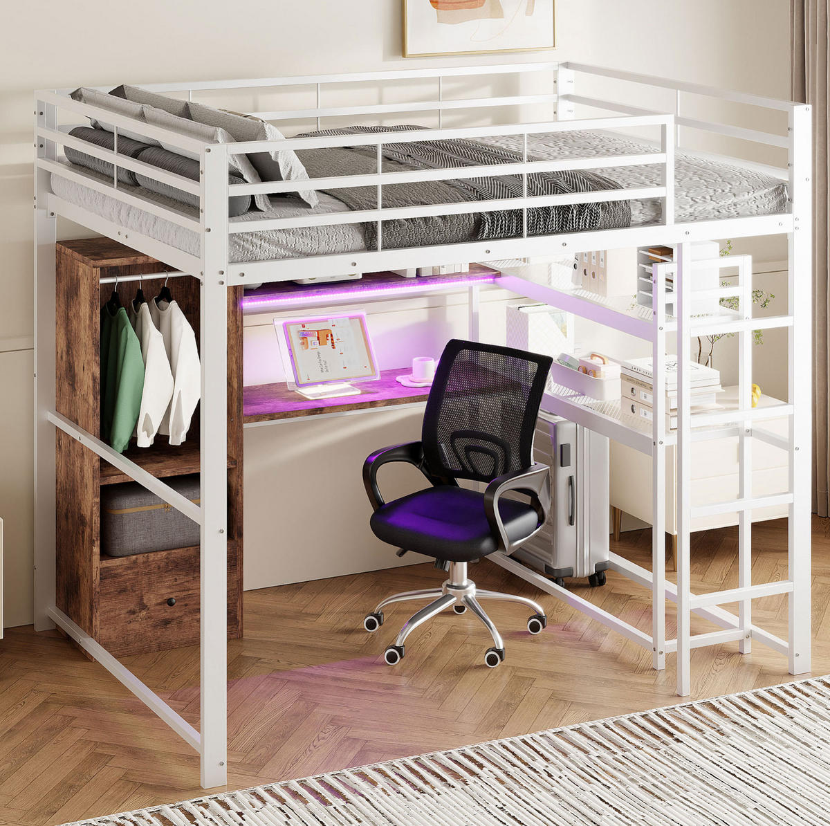 HOCHBETT aus Metall und MDF 140x200 cm Weiß mit LED-Beleuchtung, Schreibtisch, Regal und Schublade - Weiß, Holzwerkstoff (90/190cm) - Modfu