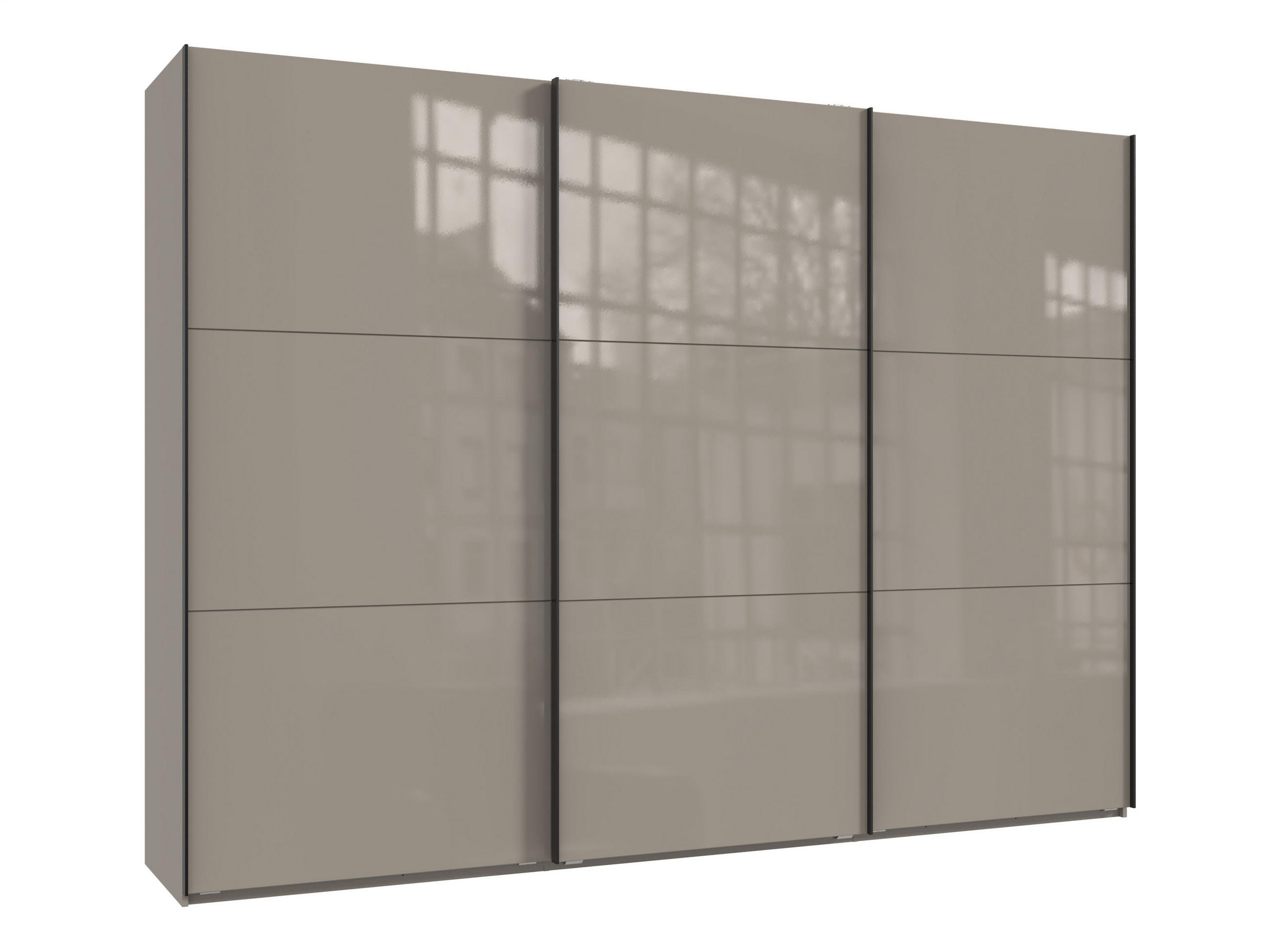 luma-home SKŘÍŇ S POSUVNÝMI DVEŘMI, 3dveřová, 300 × 216 × 65 cm (Š×V×H), v pískově šedé barvě se skleněnými čely, včetně kompletního vybavení / 22037