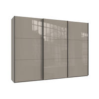 SCHWEBETÜRENSCHRANK 3-türig B300/H216/T65 cm in Sand Grau mit Glasfront inkl. Vollausstattung / 22037 - Sandfarben/Schwarz, Holzwerkstoff/Metall (300/216/65cm) - luma-home