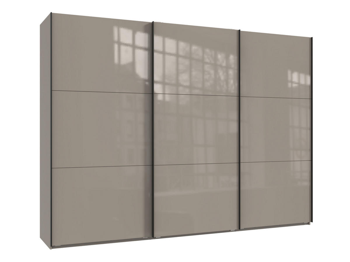 SCHWEBETÜRENSCHRANK 3-türig B300/H216/T65 cm in Sand Grau mit Glasfront inkl. Vollausstattung / 22037 - Sandfarben/Schwarz, Holzwerkstoff/Metall (300/216/65cm) - luma-home