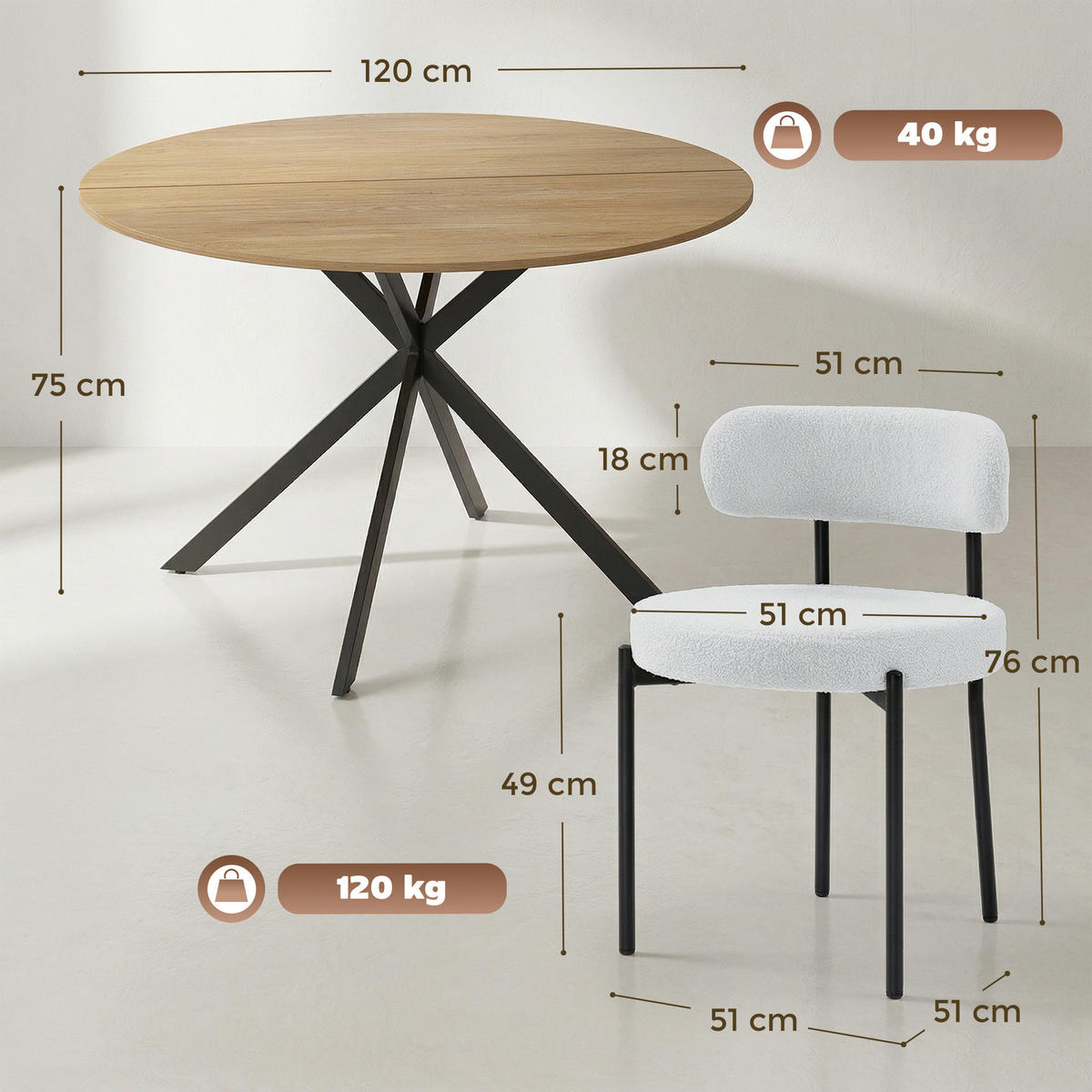 ESSGRUPPE 5er Set Spanplatte Polyester Cremeweiß Eiche - Eichefarben/Creme, Textil/Metall (120/75/120cm) - HOMCOM