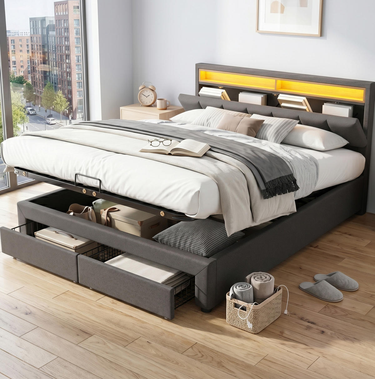 POLSTERBETT 180/200 cm dunkelgrau aus Leinen mit LED und Bettkasten - Dunkelgrau, Textil (180/200cm) - OKWISH