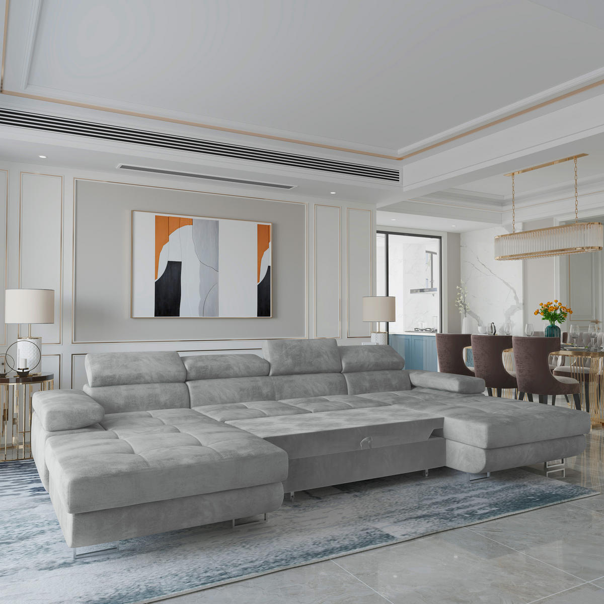 WOHNLANDSCHAFT LYKKE Hellgrau Velours-Stoff mit Schlaffunktion - Hellgrau, Holz (353/90/202cm) - MASSENO