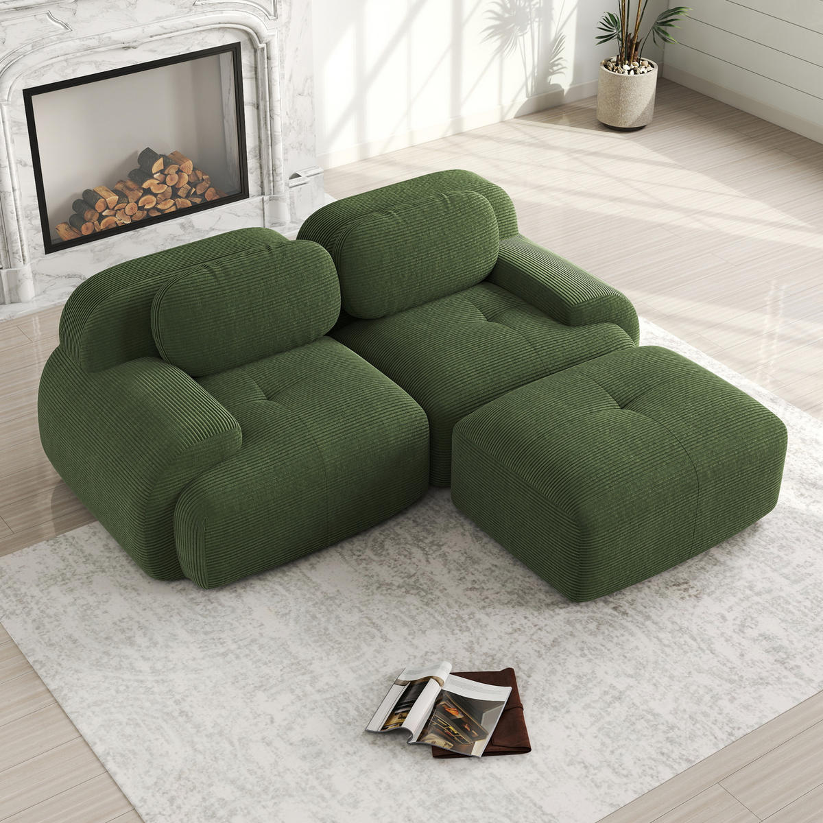 ECKSOFA modular rahmenlos mit geschwungenen Armlehnen und Cordbezug, Grün - Grün, Textil (208/178cm) - Redom
