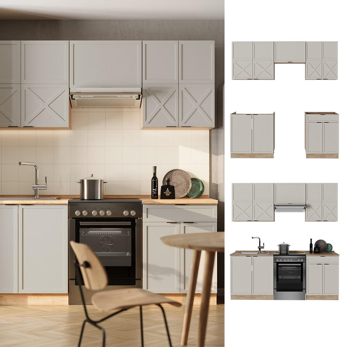 KÜCHENZEILE Fame-Line GrauBeige/Goldkraft Eiche 200 cm, AP Marmor - Honigeiche/Grau, Holzwerkstoff (200/81.6/60cm) - Vicco