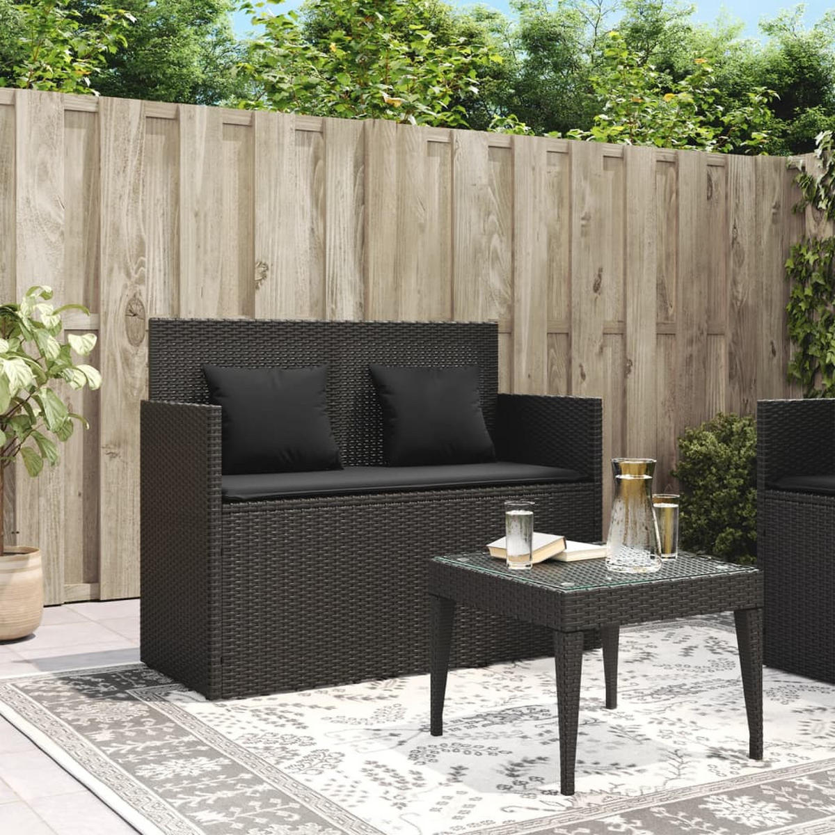 GARTENBANK mit Kissen Schwarz Poly Rattan - Schwarz, Kunststoff (120/90.5/50cm) - furnicato