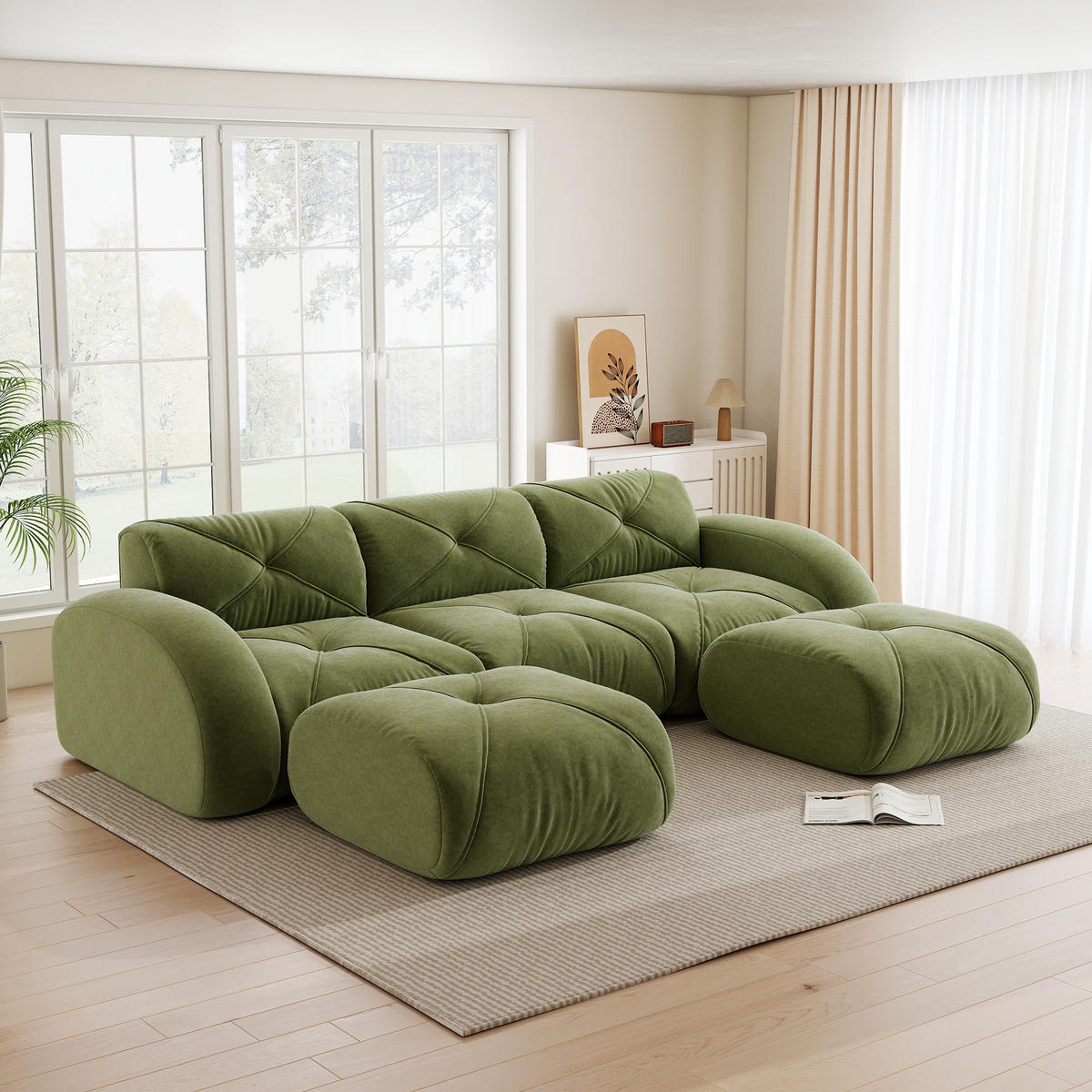 WOHNLANDSCHAFT Chenille Grün mit 2 Hocker - Grün, Textil (281/76/171cm) - WISHDOR