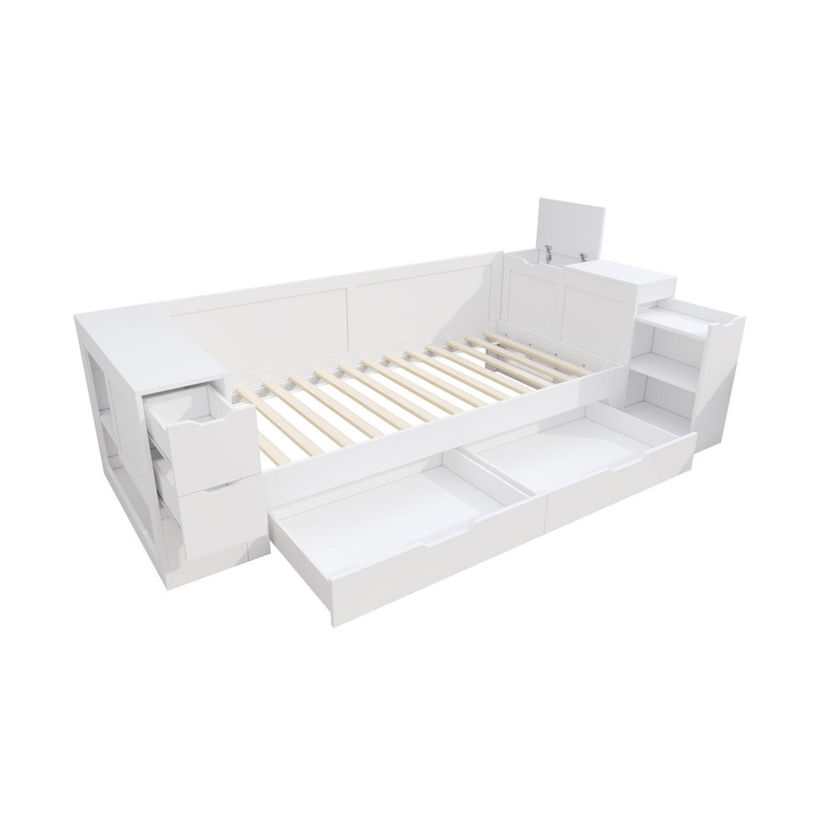 KINDERBETT 90/200 cm mit Schublade, Regal, Nachttisch und Stauraum aus MDF, Weiß - Weiß, Holzwerkstoff (90/200cm) - Redom