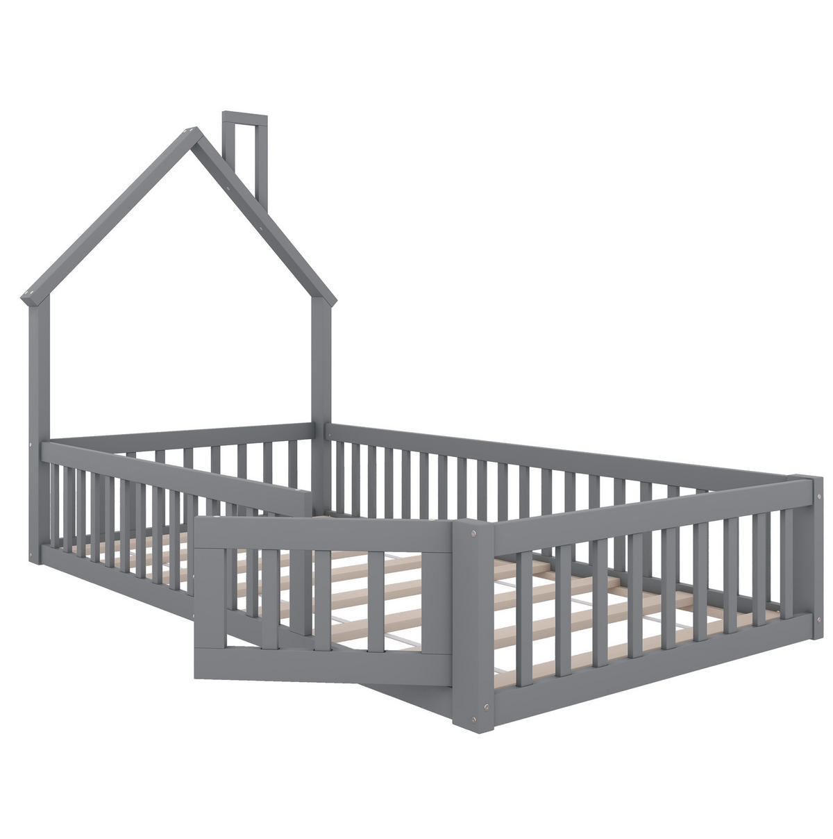 HAUSBETT 90/200 cm in Grau – mit Schornsteinform, Lattenrost und Rundum-Schutzgitter - Grau, Holzwerkstoff (90/200cm) - BEAOK