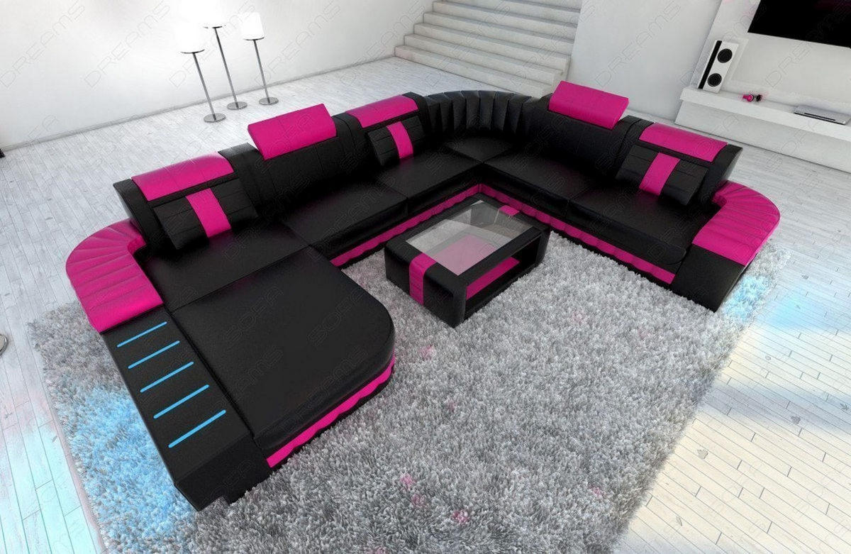 WOHNLANDSCHAFT Bellagio Schwarz Pink Büffelleder - Schwarz, Leder (362/80/287cm)