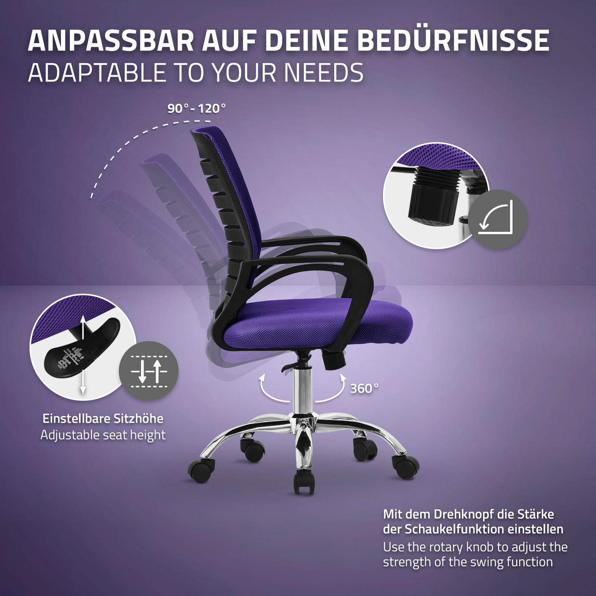 SCHREIBTISCHSTUHL Classic lila - Violett, Metall (54/99/59cm) - ML-DESIGN