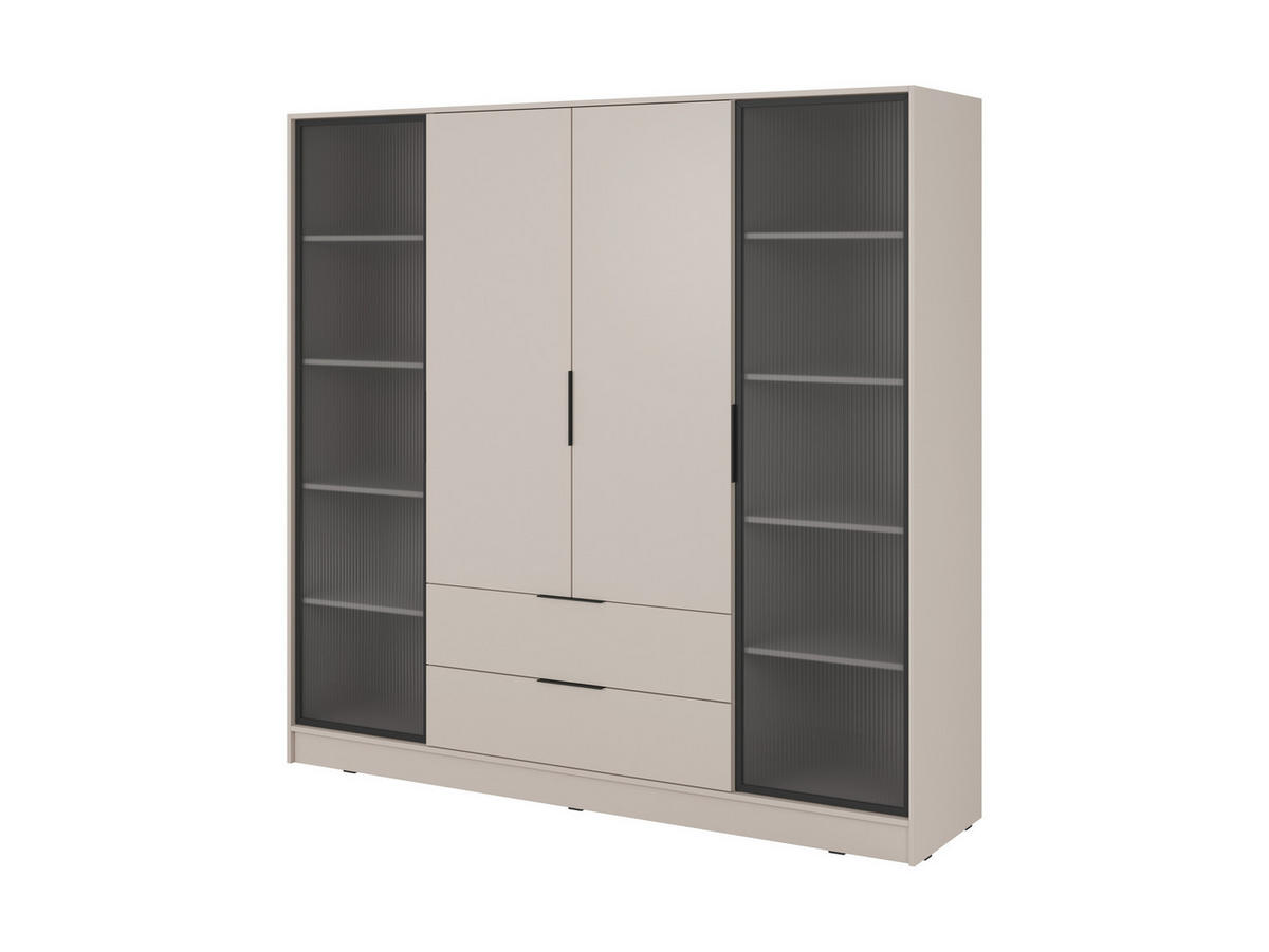 DREHTÜRENSCHRANK - Sevia Kaschmir – mit Vitrinen an den Seiten - Kaschmir, Holzwerkstoff (206/200/51cm) - Möblo