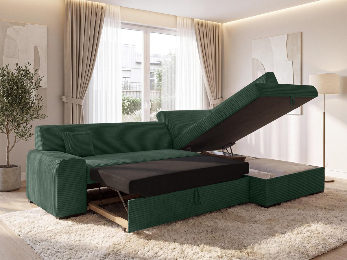 ECKSOFA L Form Minosa Flaschengrün 260/175/71 cm Rechts mit Schlaffunktion - Dunkelgrün/Schwarz, Kunststoff/Textil (175/260cm) - AX Living