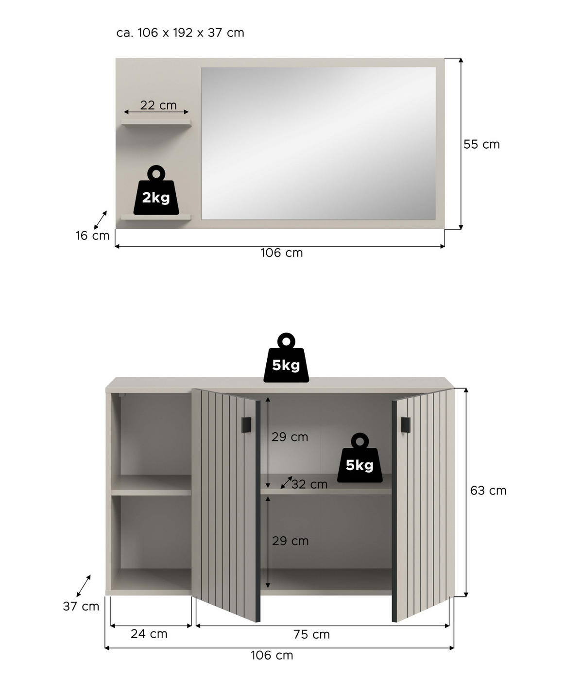 GARDEROBEN-SET 2-teilig Kaschmir 106 cm, Garderobenkombination hängend - Kaschmir/Schwarz, Glas/Holzwerkstoff (106/192/37cm) - Inn.Furn