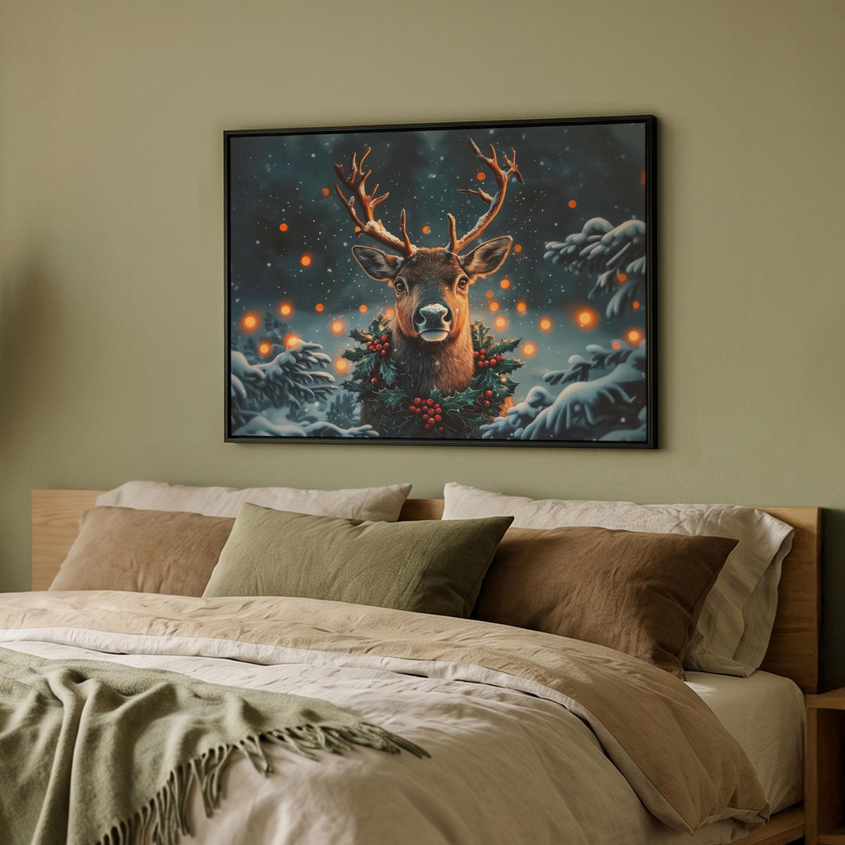 LEINWAND Bilder mit Rahmen - Hirsch - Weihnachten - Winter - Schnee - Weihnachtskranz - 70x50 - Dunkelbraun, Textil (70/50cm) - MuchoWow