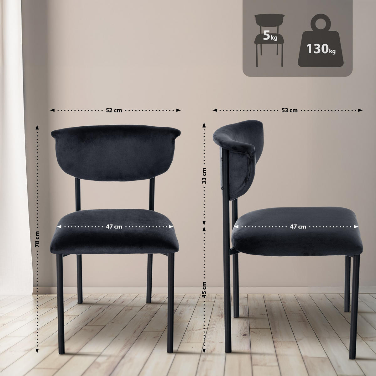 STUHL Samt Schwarz - Schwarz, Textil/Metall (52/78/53cm) - CLP