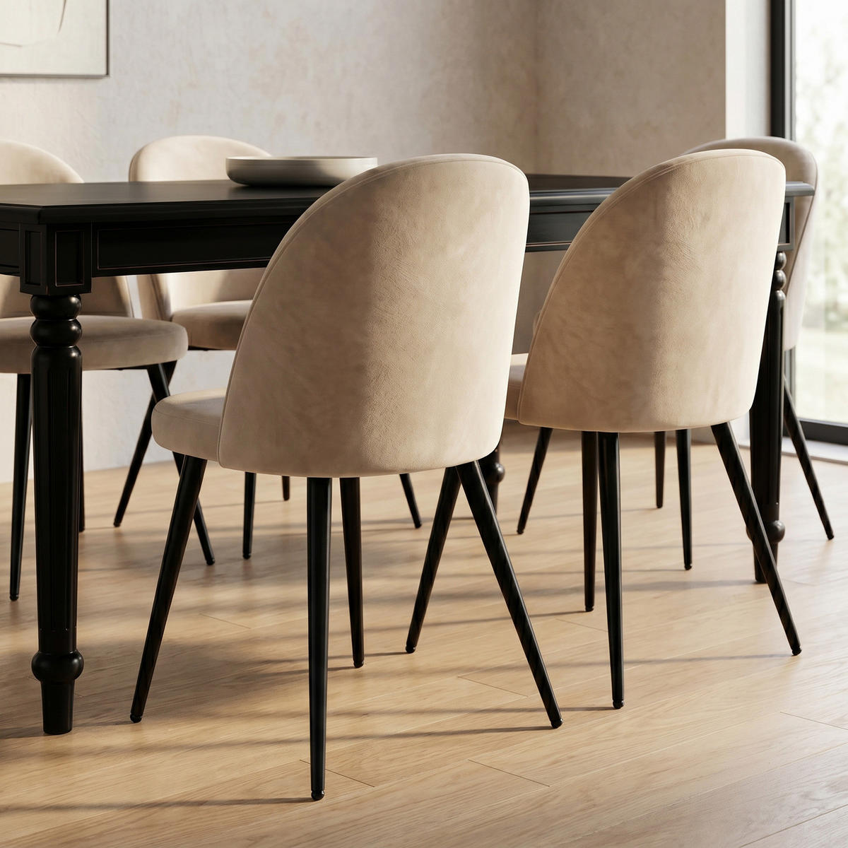 ESSGRUPPE Amaretta mit Esstisch Schwarz und 6 Stühlen Samt Beige, 180 x 100 cm - Sandfarben, Holz/Textil (180/75/100cm) - ebuy24